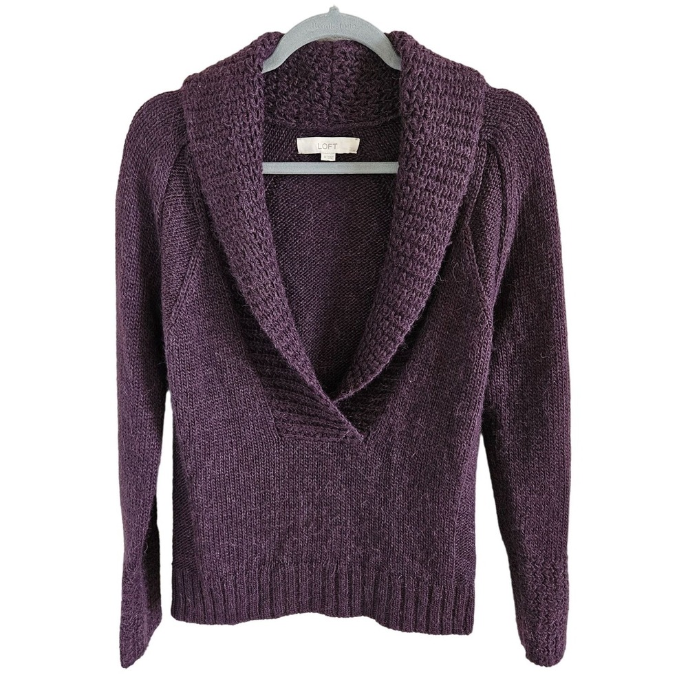 Loft Woman Size M V Neck with Roll Collar Sweater Alpaca Blend Purple Soft Boho